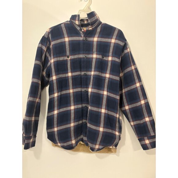 Mens Wrangler‎ Navy & Red Plaid Flannel Sherpa-Lined Button-Up Shirt Size Small - Picture 1 of 7